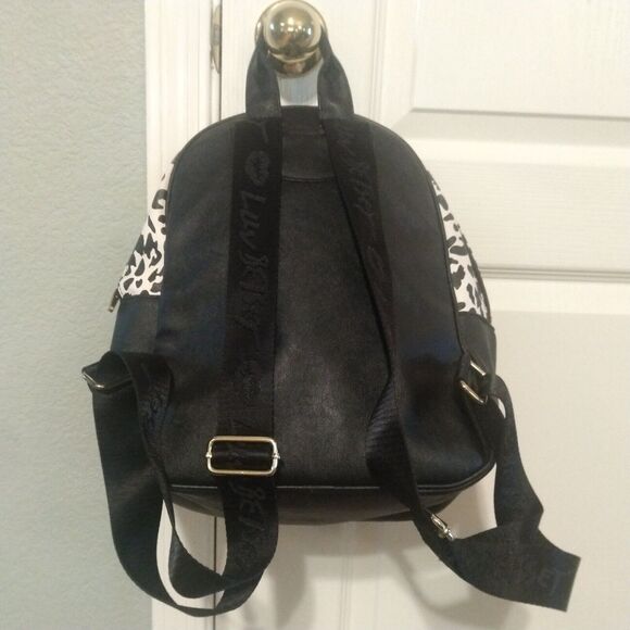 Luv Betsey Johnson Kitsch Backpack Leopard Cat Medium Bag Purse Black White - Picture 2 of 14